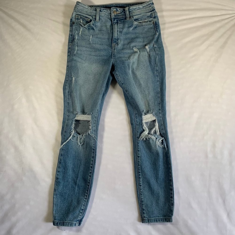 WINDSOR WOMENS SIZE 3 DENIM DISTRESSED BLUE SKINNY JEANS KNEE CASUAL TAPERED